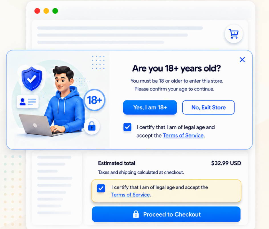 Klify age verification popup with Yes/No confirmation on a Shopify storefront