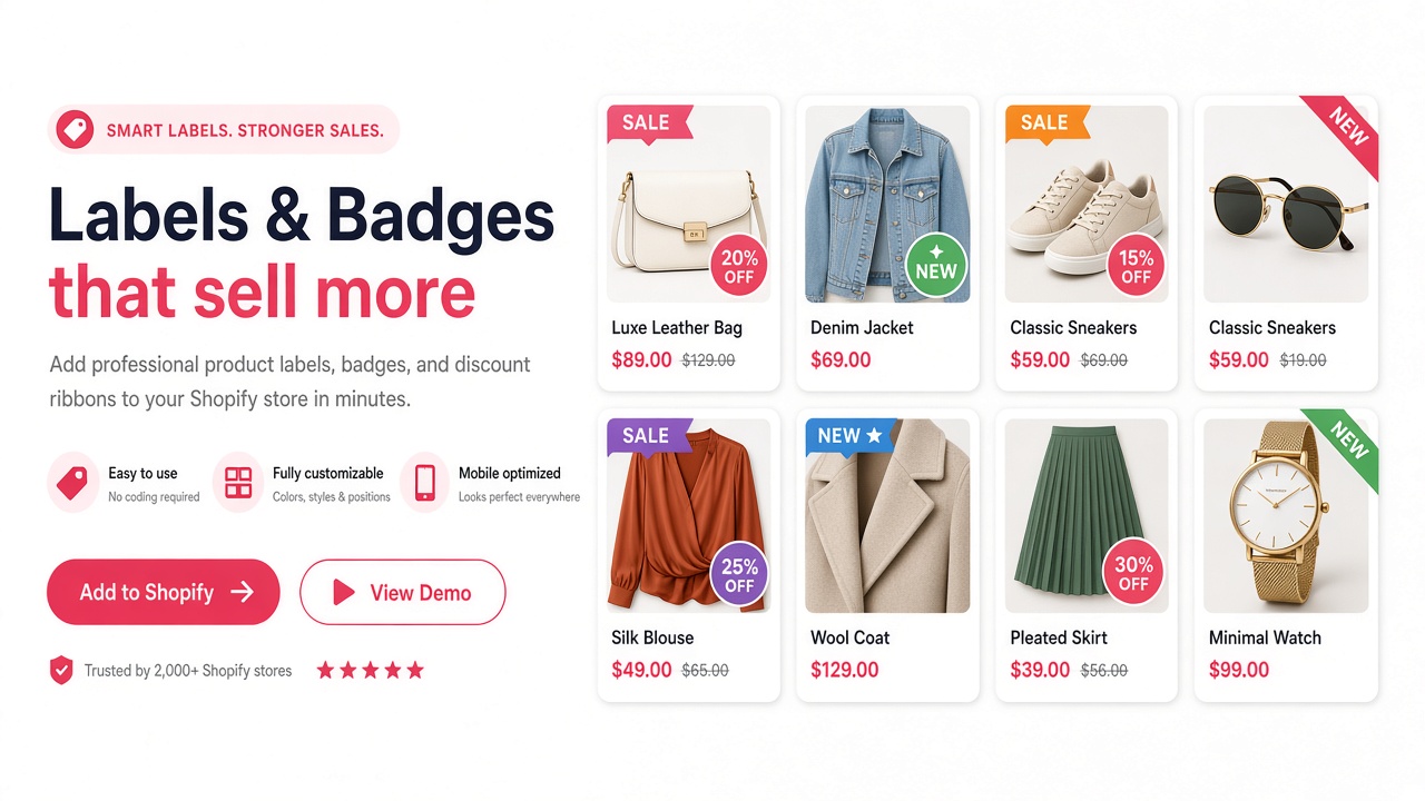 Klify Product Labels & Badges on a Shopify product grid with SALE, NEW, and percent-off badges