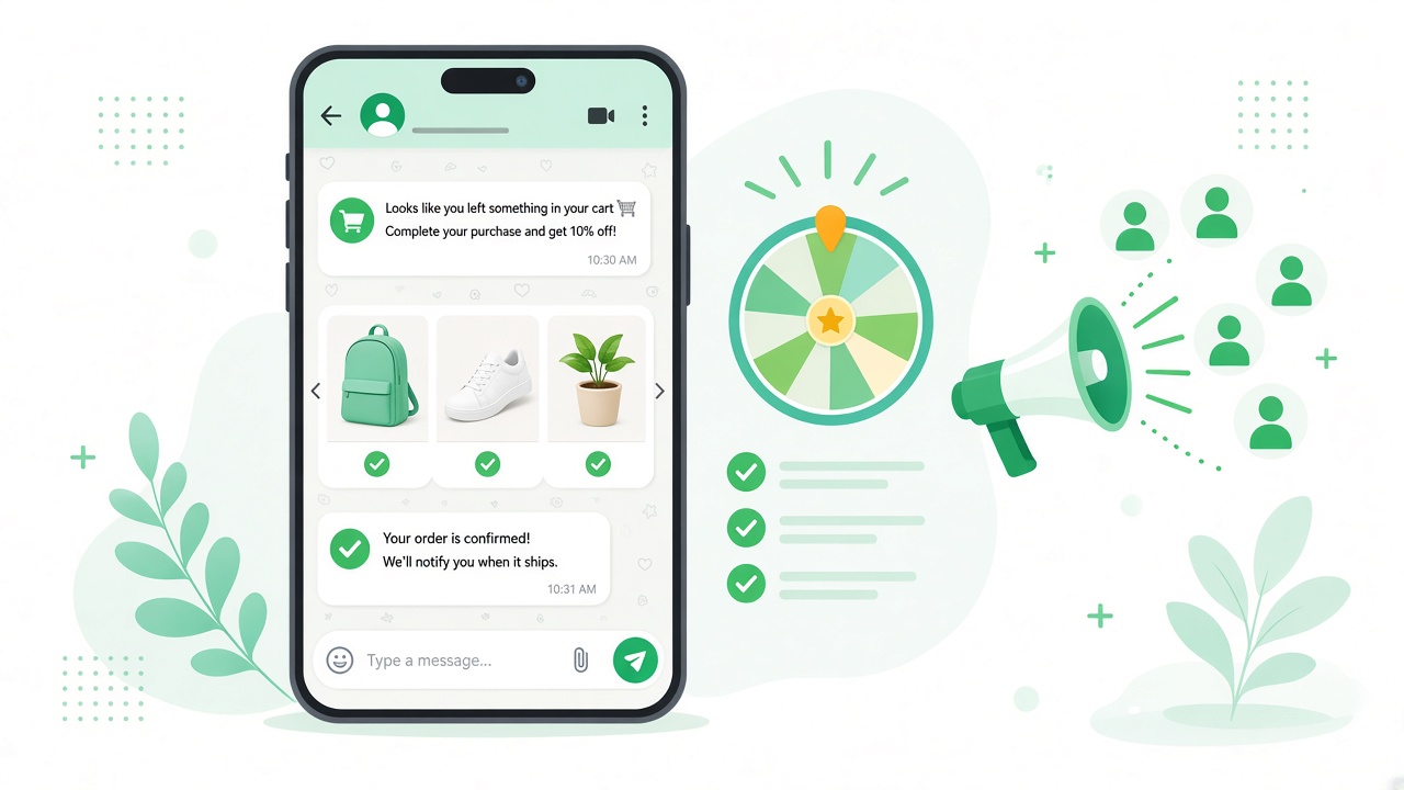 Klify WhatsApp Marketing phone illustration with cart recovery chats, product carousels, and opt-in widgets